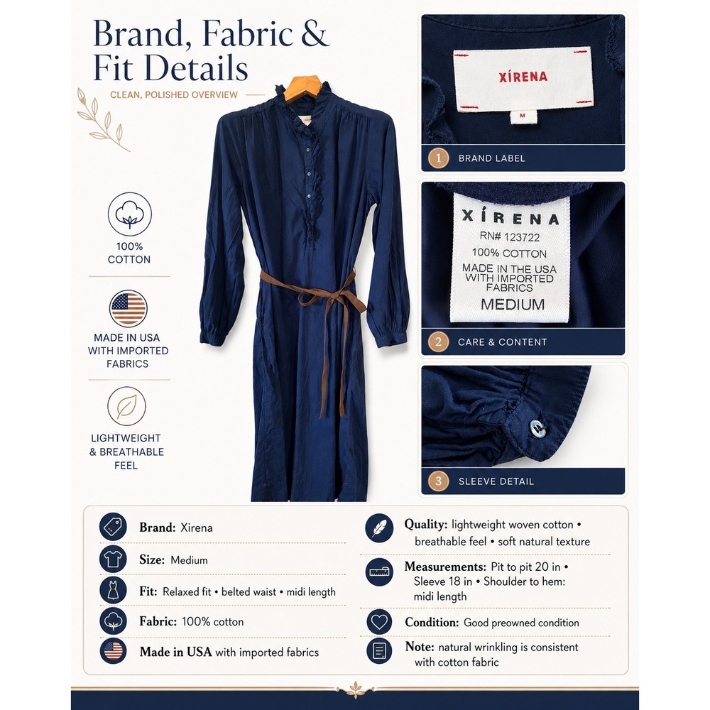 Xirena Midi Dress Wns Medium Navy Blue Excellent Cotton Ruffle Belted Long Slv - Picture 5 of 16